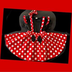 Girls 3Pc Set-Flying Short Sleeve Black Top/Red Polka Dot Suspender Skirt & Bow